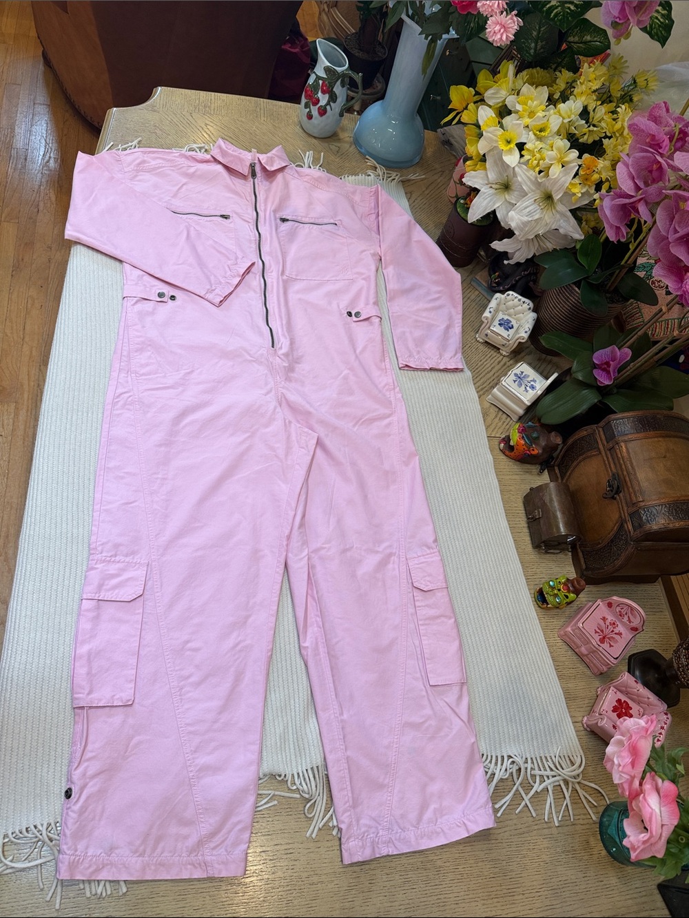 Free People Light Pink Utility Jumpsuit with Cargo Pockets